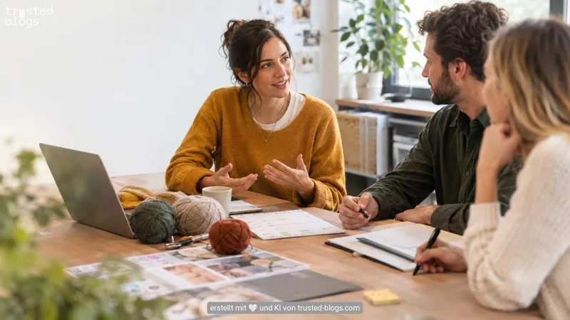 Eine Bloggerrunde plant am Tisch mit Wolle und Musterbögen ein Projekt