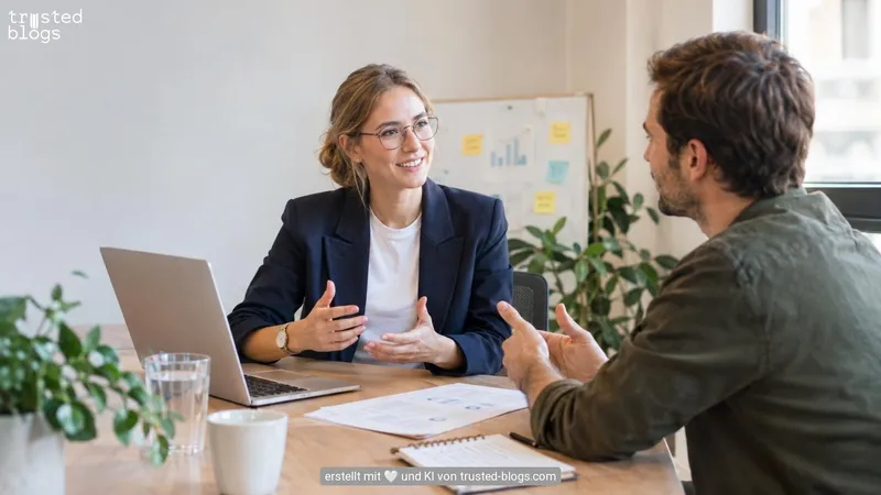 Eine Marketing-Managerin bespricht mit einem Blogger eine Kooperation am Schreibtisch