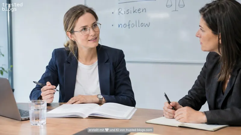 Zwei Frauen besprechen Regeln, auf dem Whiteboard stehen Risiken und nofollow