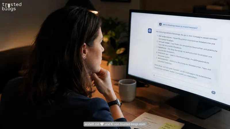 Frau vor einem Monitor, auf dem ein KI-Chat Reiseblogs für eine Kampagne vorschlägt
