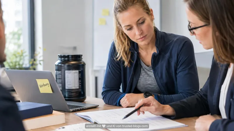 Zwei Frauen prüfen einen Text, daneben eine Dose Sportnahrung und ein Zettel mit dem Wort Werbung