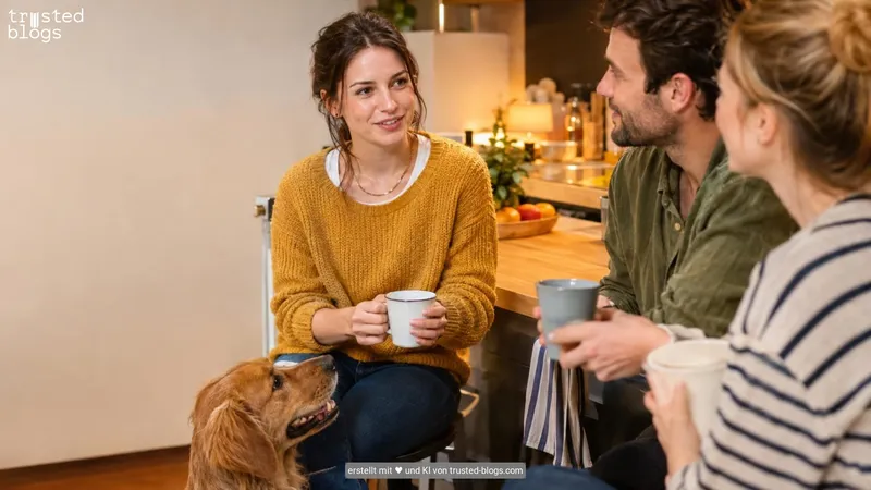 Drei Menschen unterhalten sich bei einem Kaffee in der Küche, ein Hund schaut zu