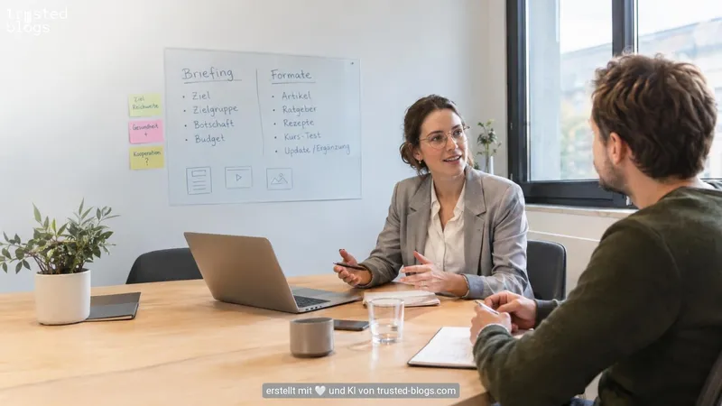 Besprechung vor einem Whiteboard mit den Stichworten Briefing und Formate