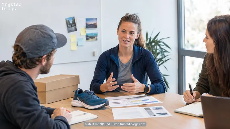 Besprechung zu einer Kooperation mit Laufschuh und Briefing-Unterlagen auf dem Tisch