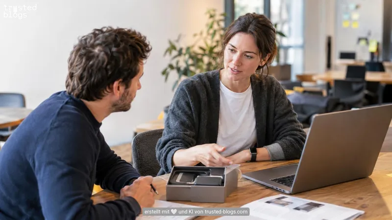 Blogger und Unternehmensvertreterin besprechen ein Testgerät am Schreibtisch