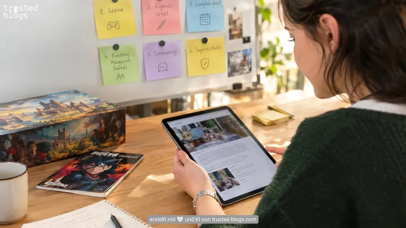 Haftnotizen mit sechs Kriterien an einer Pinnwand, davor eine Frau mit Tablet, Brettspiel und Comic
